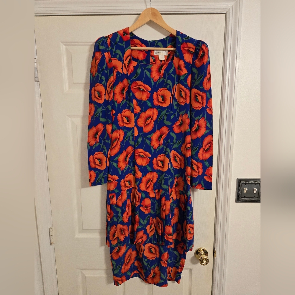 Brenner Vintage Floral Poppy Blue and Red Dress  SIZE TAG MISSING